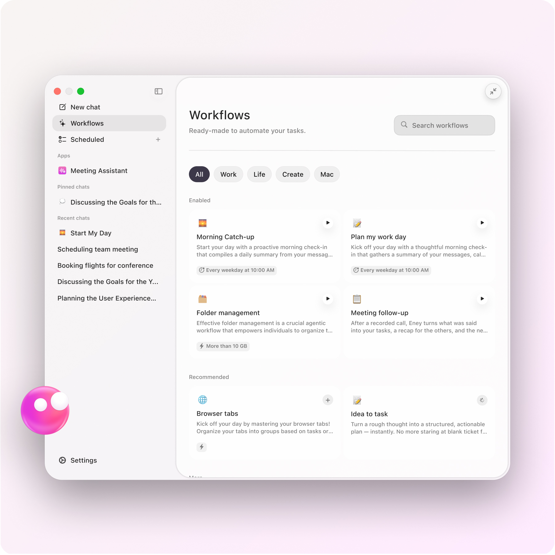 Ready-to-use workflows tab opened in Eney