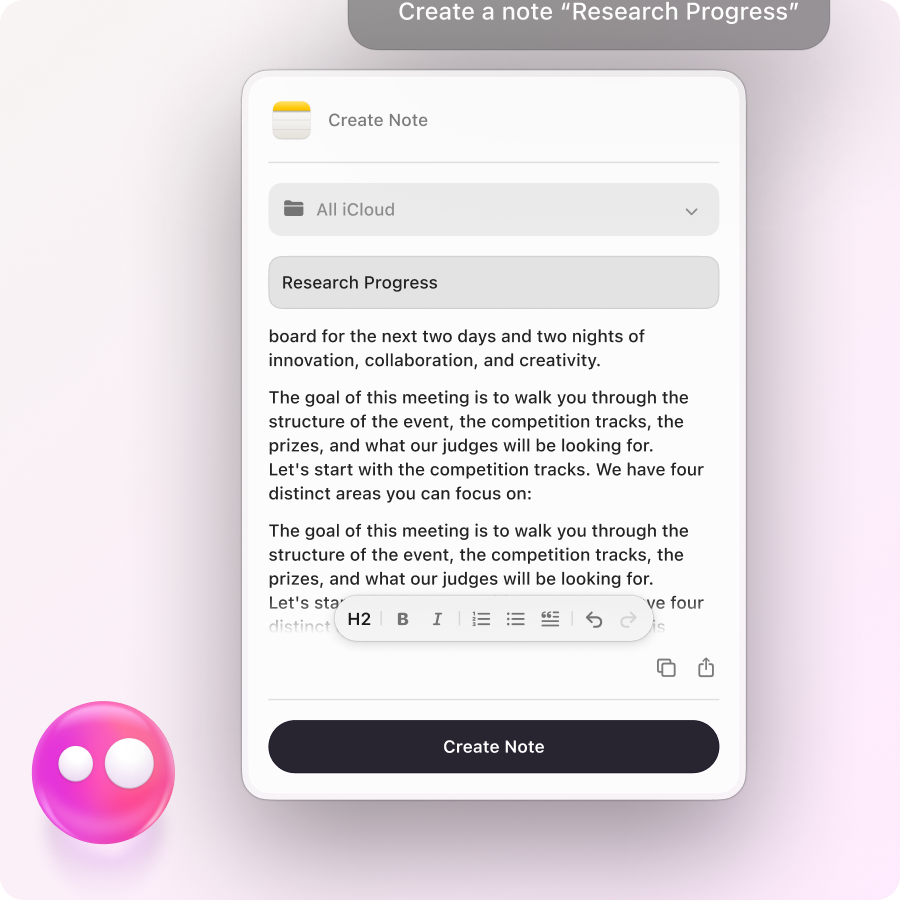 Eney creates and fills in a note from a simple request
