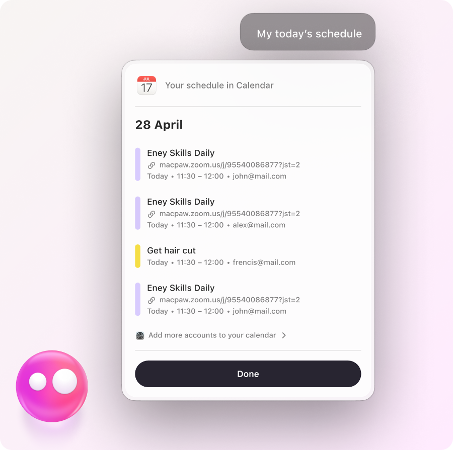 Eney showing an overview of upcoming calendar events