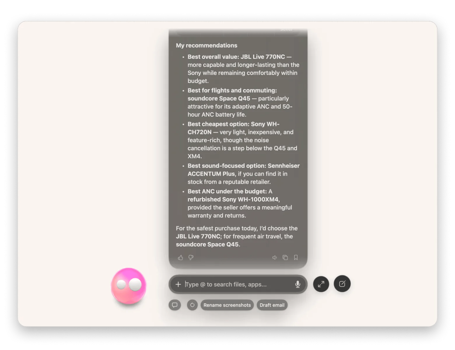 Eney displaying product recommendations with price comparisons, key features, and shopping links