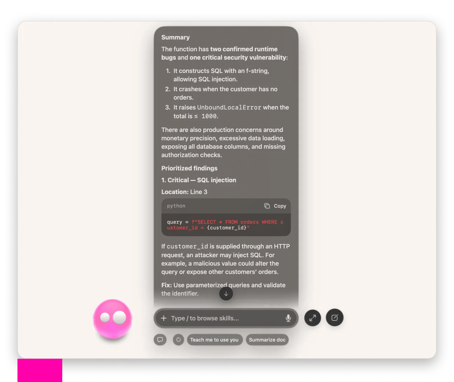 Eney displaying a code review report with prioritized issues, explanations, and suggested fixes