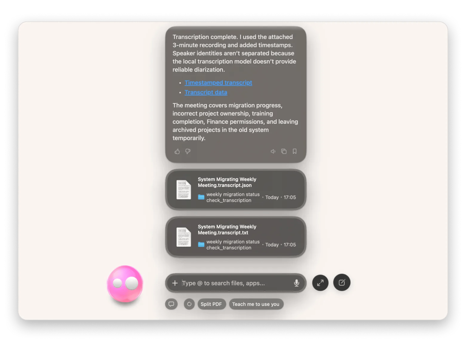 Eney displaying a meeting transcript report and file