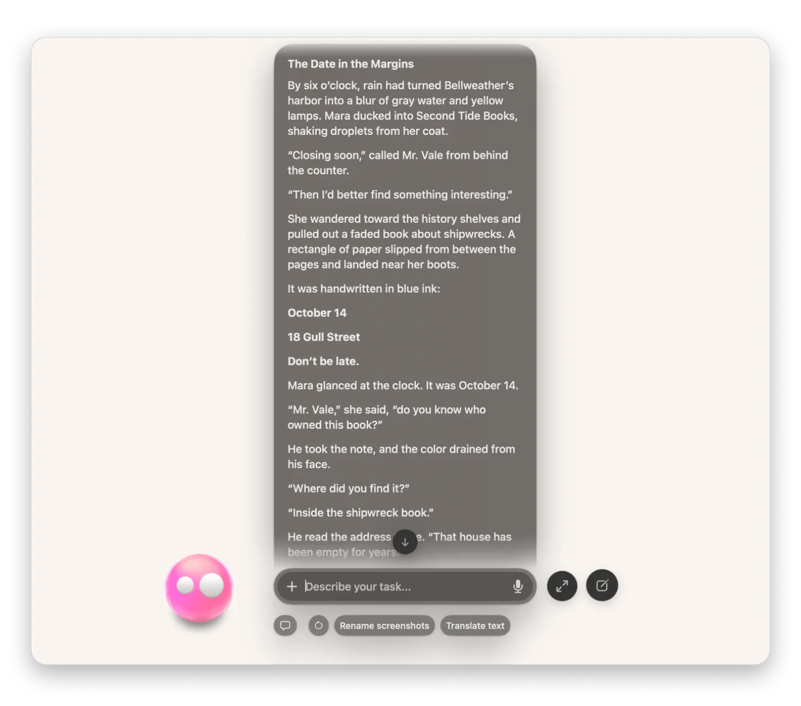 Eney displaying a generated story with developed characters, dialogue, and a complete plot
