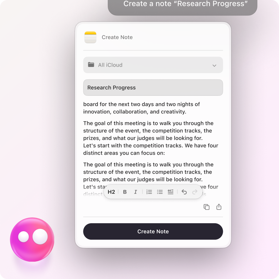 Eney drafting a note in iCloud from a voice command